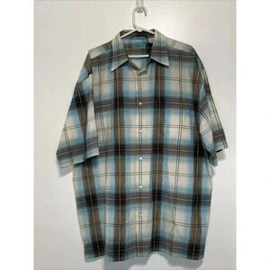 Attitude Plaid Mens Button Front Shirt Sz XXL Short Sleeve ONE Pocket Blue Gray